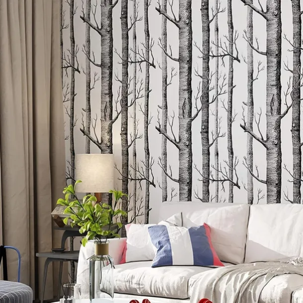 Cool Wallpapers 1pc Birch Tree Wallpaper Black and White Peel and Stick Wall Mural Wall Sticker Self-Adhesive PVC For Home Decor Cabinet Table Chair Room Backdrop Renovation 45cmx600cm/17.7"x236.2"