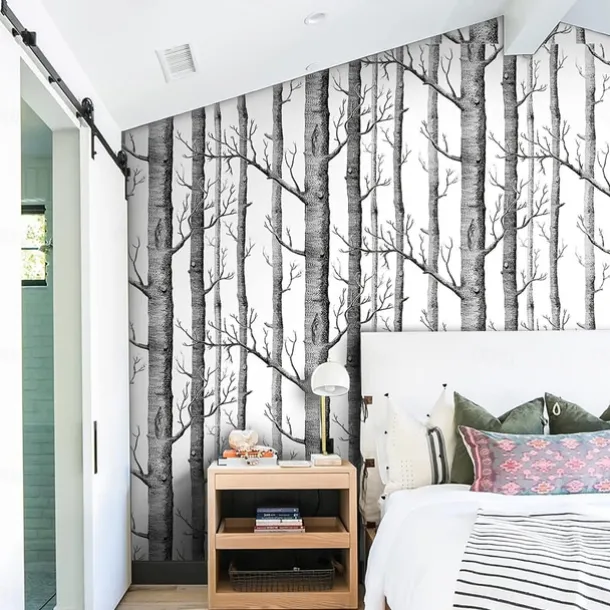Cool Wallpapers 1pc Birch Tree Wallpaper Black and White Peel and Stick Wall Mural Wall Sticker Self-Adhesive PVC For Home Decor Cabinet Table Chair Room Backdrop Renovation 45cmx600cm/17.7"x236.2"
