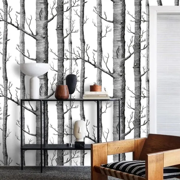 Cool Wallpapers 1pc Birch Tree Wallpaper Black and White Peel and Stick Wall Mural Wall Sticker Self-Adhesive PVC For Home Decor Cabinet Table Chair Room Backdrop Renovation 45cmx600cm/17.7"x236.2"