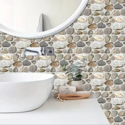 Cool Wallpapers 6pcs Cobblestone Wooden Pattern Wall Panels Wall Mural, Stone Peel Stick Wall Tile Sticker, Kitchen Self-adhesive Wall Decor Waterproof, Room Decor, Home Decor 15x30cm(5.9"x11.8")