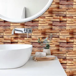 Cool Wallpapers 6pcs Cobblestone Wooden Pattern Wall Panels Wall Mural, Stone Peel Stick Wall Tile Sticker, Kitchen Self-adhesive Wall Decor Waterproof, Room Decor, Home Decor 15x30cm(5.9