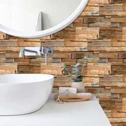 Cool Wallpapers 6pcs Cobblestone Wooden Pattern Wall Panels Wall Mural, Stone Peel Stick Wall Tile Sticker, Kitchen Self-adhesive Wall Decor Waterproof, Room Decor, Home Decor 15x30cm(5.9