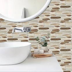 Cool Wallpapers 6pcs Cobblestone Wooden Pattern Wall Panels Wall Mural, Stone Peel Stick Wall Tile Sticker, Kitchen Self-adhesive Wall Decor Waterproof, Room Decor, Home Decor 15x30cm(5.9