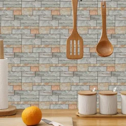 Cool Wallpapers 6pcs Cobblestone Wooden Pattern Wall Panels Wall Mural, Stone Peel Stick Wall Tile Sticker, Kitchen Self-adhesive Wall Decor Waterproof, Room Decor, Home Decor 15x30cm(5.9