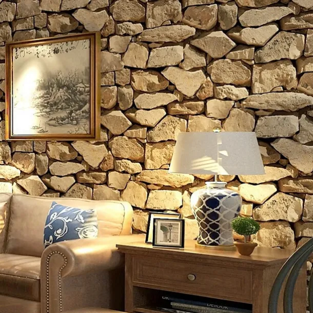Cool Wallpapers Wall Mural Brick Wallpaper Brown 3D Rock Stone Wall Covering Adhesive Required PVC Home Décor 1000*53 cm