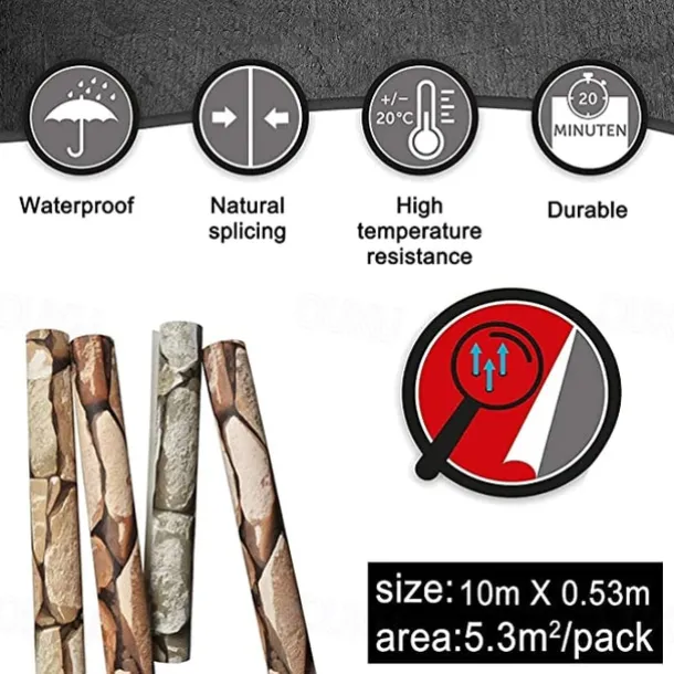 Cool Wallpapers Wall Mural Brick Wallpaper Brown 3D Rock Stone Wall Covering Adhesive Required PVC Home Décor 1000*53 cm