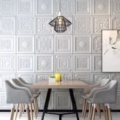 Cool Wallpapers White Foam Wall Mural Wall Panel Peel and Stick Wall Sticker Floral Removable Wall Covering, PVC/Vinyl Material Self adhesive Wallpaper, Room Wallcovering for Home Decoration