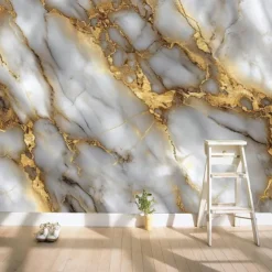 Cool Wallpapers White Gold Marble Wallpaper Wall Mural Wall Covering Sticker Peel and Stick Removable PVC/Vinyl Material Self Adhesive/Adhesive Required Wall Decor for Living Room Kitchen Bathroom