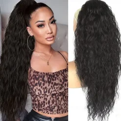 Copper Red Curly Wavy Drawstring Ponytail Extension for Black WomenSynthetic Long Wavy 28inch Curly Ponytail Extension Ginger Orange Ponytail Extension Clip in Wavy Ponytail Extension 30C