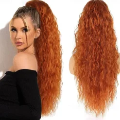 Copper Red Curly Wavy Drawstring Ponytail Extension for Black WomenSynthetic Long Wavy 28inch Curly Ponytail Extension Ginger Orange Ponytail Extension Clip in Wavy Ponytail Extension 30C