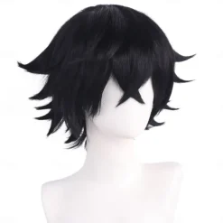 Cosplay Costume Wig Bouncy Curl Natural Wave Short Bob Neat Bang With Bangs Machine Made Wig Short Natural Black #1B Synthetic Hair Men's Classic Comfortable Black