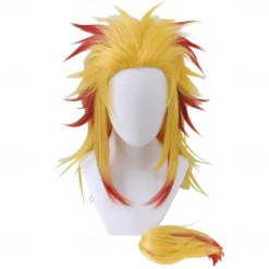 Cosrea Anime Rengoku Kyoujurou Cosplay Wig with Ponytail Yellow Red Wigs for Women Men Halloween Wigs