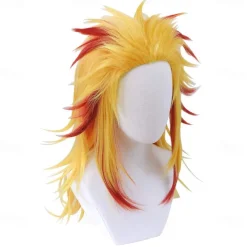 Cosrea Anime Rengoku Kyoujurou Cosplay Wig with Ponytail Yellow Red Wigs for Women Men Halloween Wigs