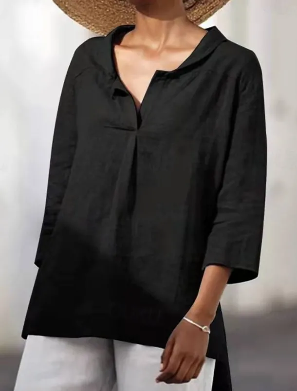 Cotton Linen Shirts Linen Shirt Button Up Long Cotton Top Women's Black White Orange Solid Color Sexy Street Daily Fashion V Neck Cotton Linen Regular Fit S