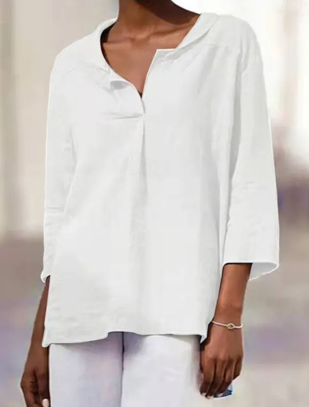 Cotton Linen Shirts Linen Shirt Button Up Long Cotton Top Women's Black White Orange Solid Color Sexy Street Daily Fashion V Neck Cotton Linen Regular Fit S