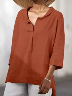 Cotton Linen Shirts Linen Shirt Button Up Long Cotton Top Women's Black White Orange Solid Color Sexy Street Daily Fashion V Neck Cotton Linen Regular Fit S