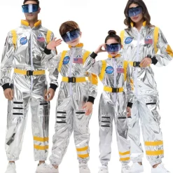 Couples Astronaut Costume Jumpsuit Carnival Costume Onesie with Mask Group Costumes Silver Space Suit for Men Women with Embroidered Patches
