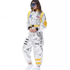 Couples Astronaut Costume Jumpsuit Carnival Costume Onesie with Mask Group Costumes Silver Space Suit for Men Women with Embroidered Patches