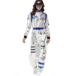 Couples Astronaut Costume Jumpsuit Carnival Costume Onesie with Mask Group Costumes Silver Space Suit for Men Women with Embroidered Patches