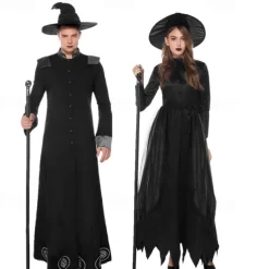 Couples Cosplay Witch Warlock Couples' Costumes Men's Women's Movie Cosplay Cosplay Costume Party Black Dress Hat Carnival Masquerade Valentine's Day for Walpurgis Night
