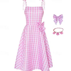 Couples Movie Doll Outfits Pink Plaid Dress Hawaiian Shirt Shorts Men's Women's Couple's Cosplay Costume Halloween Carnival Masquerade Beach Vacation