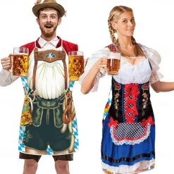 Couples 2PCS Oktoberfest Beer Apron Dirndl Trachtenkleider Prints Funny Costume Oktoberfest Couple Bavarian Costume Traditional Style Wiesn Carnival Cloth Apron Halloween Carnival
