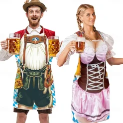 Couples 2PCS Oktoberfest Beer Apron Dirndl Trachtenkleider Prints Funny Costume Oktoberfest Couple Bavarian Costume Traditional Style Wiesn Carnival Cloth Apron Halloween Carnival