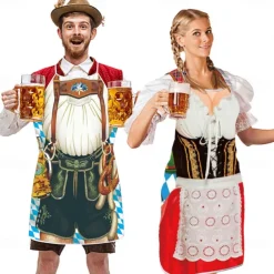 Couples 2PCS Oktoberfest Beer Apron Dirndl Trachtenkleider Prints Funny Costume Oktoberfest Couple Bavarian Costume Traditional Style Wiesn Carnival Cloth Apron Halloween Carnival
