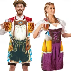 Couples 2PCS Oktoberfest Beer Apron Dirndl Trachtenkleider Prints Funny Costume Oktoberfest Couple Bavarian Costume Traditional Style Wiesn Carnival Cloth Apron Halloween Carnival
