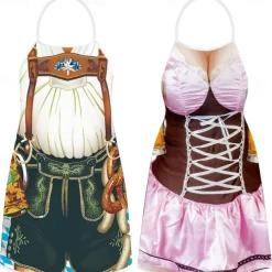 Couples 2PCS Oktoberfest Beer Apron Dirndl Trachtenkleider Prints Funny Costume Oktoberfest Couple Bavarian Costume Traditional Style Wiesn Carnival Cloth Apron Halloween Carnival