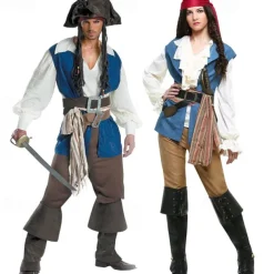Couples Pirate Halloween Group Couples Costumes Men's Women's Movie Cosplay Cosplay Costumes Blue Vest Top Pants Halloween Carnival Masquerade