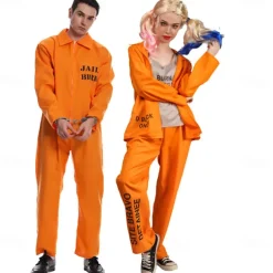 Couples Prisoner Harley Quinn Halloween Group Couples Costumes Men's Women's Movie Cosplay Cosplay Costumes Orange Top Pants Halloween Carnival Masquerade