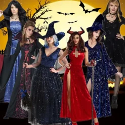 Couples Witch Couples' Costumes Women's Movie Cosplay Cosplay Halloween Wine Red Black Red Dress Halloween Carnival Masquerade for Walpurgis Night