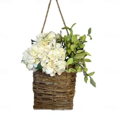 Cream Hydrangea Door Hanger Basket Wreath Spring Wreath Floral Artificial Hydrangea and Vine Basket Door Hanging Decoration with Rustic Twigs for Front Door, Porch, Living Room, Cafe