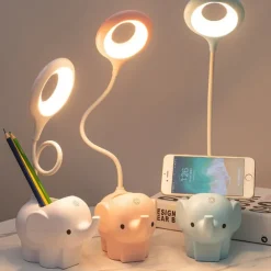 Creative Cute Pet Elephant Animal LED Desk Lamp USB Charging Plug-in Dual-use 3-color Dimmable Learning Accessories Bright Cute Bedside Lamp Learning Desk Lamp Night Light