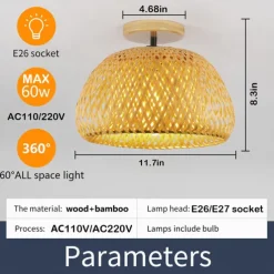 Creative Handmade Bamboo Weaving Natural Wind Ceiling Chandelier E27/E26 Base Ceiling Lighting Hanging Lamp Suitable for Study Coffee Shop Restaurant Rar AC110V AC220V