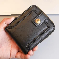 Credit Card Holder Wallet Men's PU Leather Solid Color Business Wallet Card Holder With Zipper & Button Valentine's Day Gift