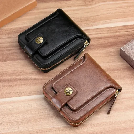 Credit Card Holder Wallet Men's PU Leather Solid Color Business Wallet Card Holder With Zipper & Button Valentine's Day Gift