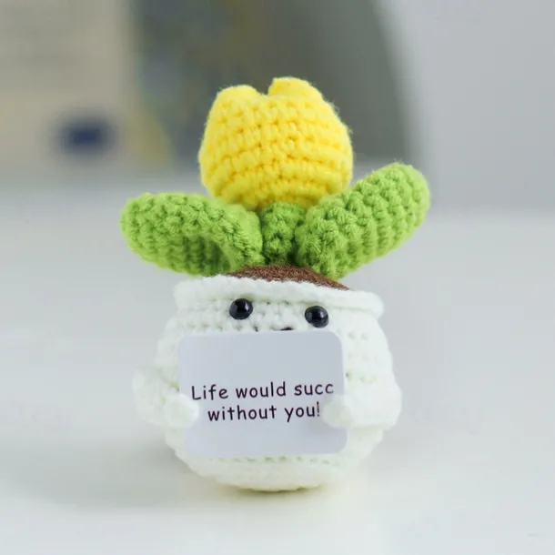 Crochet Positive Cactus Handmade Knitted Cactus Toy Cute Funny Potato Emotional Positive Life Doll Ornaments Gifts with Encouraging Card for Adults Kids Friends Room Office Desktop Decor