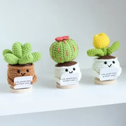 Crochet Positive Cactus Handmade Knitted Cactus Toy Cute Funny Potato Emotional Positive Life Doll Ornaments Gifts with Encouraging Card for Adults Kids Friends Room Office Desktop Decor
