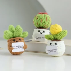 Crochet Positive Cactus Handmade Knitted Cactus Toy Cute Funny Potato Emotional Positive Life Doll Ornaments Gifts with Encouraging Card for Adults Kids Friends Room Office Desktop Decor