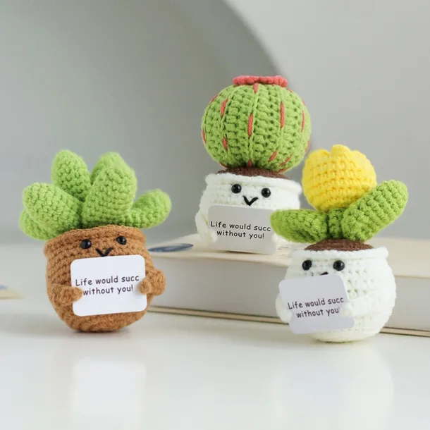 Crochet Positive Cactus Handmade Knitted Cactus Toy Cute Funny Potato Emotional Positive Life Doll Ornaments Gifts with Encouraging Card for Adults Kids Friends Room Office Desktop Decor