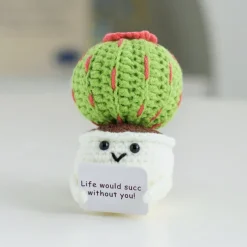 Crochet Positive Cactus Handmade Knitted Cactus Toy Cute Funny Potato Emotional Positive Life Doll Ornaments Gifts with Encouraging Card for Adults Kids Friends Room Office Desktop Decor