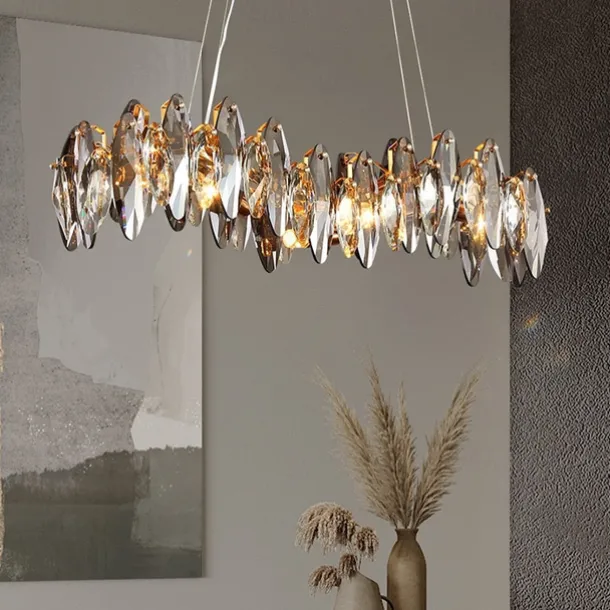Crystal Chandelier Luxury Gold Chandelier Beautiful Gray Sparkling Crystal Leaf Modern Chandelier for Kitchen Island Living Room Dining Room Bedroom Lights, 8 Lights 110-240V
