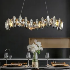 Crystal Chandelier Luxury Gold Chandelier Beautiful Gray Sparkling Crystal Leaf Modern Chandelier for Kitchen Island Living Room Dining Room Bedroom Lights, 8 Lights 110-240V