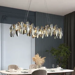 Crystal Chandelier Luxury Gold Chandelier Beautiful Gray Sparkling Crystal Leaf Modern Chandelier for Kitchen Island Living Room Dining Room Bedroom Lights, 8 Lights 110-240V