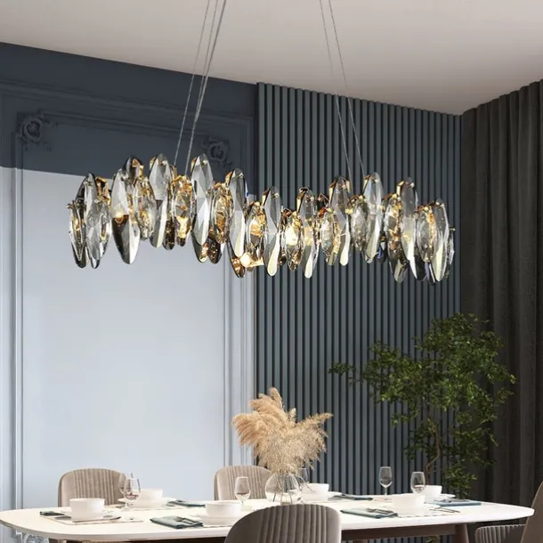 Crystal Chandelier Luxury Gold Chandelier Beautiful Gray Sparkling Crystal Leaf Modern Chandelier for Kitchen Island Living Room Dining Room Bedroom Lights, 8 Lights 110-240V