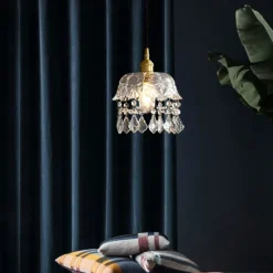 Crystal Pendant Light with Clear Glass Shade Gold Brushed Brass Finish Modern Kitchen Island Hanging Light Adjustable Chandelier for Hallway Dining Living Room 1 Light 110-240V