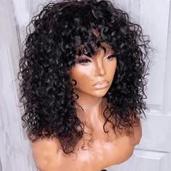Curly Full Machine Made Scalp Top Wig With Bangs Scalp Top Kinky Curly Wigs Remy Brazilian Curly Human Hair Wigs For Women Natural Color 8-30 inch