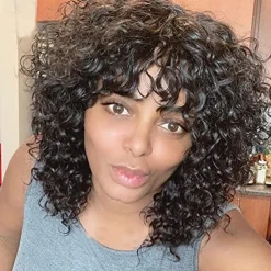 Curly Full Machine Made Scalp Top Wig With Bangs Scalp Top Kinky Curly Wigs Remy Brazilian Curly Human Hair Wigs For Women Natural Color 8-30 inch
